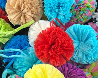 Raffia Pom Poms with Loops for DIY Crafts, Pom Poms for Baskets, Decorations, Ornaments, Fashion, Handmade from Natural Raffia Fibers, 2.5"