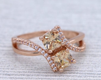 Rose Gold Two Stone Champagne CZ Promise Ring /Engagement Ring/Friendship Ring/Anniversary Ring/Sister Ring #1003