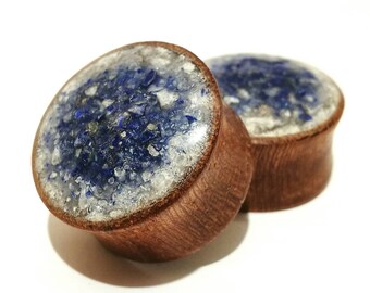M99 Handcrafted Plugs, custom plug wood plugs, 10-55mm (priced per plug) stone plugs, Sapele, tunnels, gauges 'lapis lazuli sunbursts'