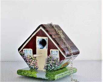 Small Red and Cream Birdhouse , Handmade , Hand Painted , Lots of Flowers , with Clean Out