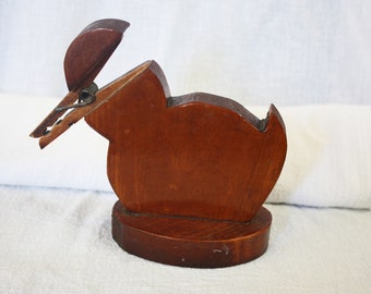 Vintage Carved Wood Duck Clothespin Note Recipe Holder