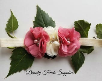 Pink and Ivory Floral Headband, Pink and Ivory Flower Headband, Vintage, Pink and Ivory Headband Children Girls, Toddler