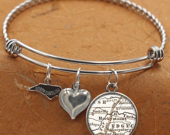 Rocky Mount North Carolina Map NC State Charm Bangle Bracelet Personalized Custom Vintage Map Jewelry Stainless Steel Charm Bracelet