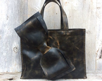 Leather Bow Bag Large Size in Distressed Charcoal Pullup Leather with Light Brown Undertones Handmade Artisan Tote Bag by Stacy Leigh