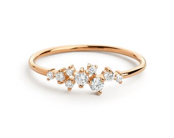 Rose Gold Diamond Ring, Diamond Cluster Ring in Rose Gold, Dainty Diamond Ring, Mother Day Gift for Her