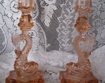 Pair of Vintage Westmoreland Pink Dolphin Candlesticks