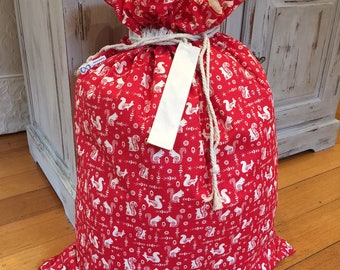 Christmas Santa Sack, Cream Squirrel and Calico Genuine Quality, Hand Made, Large 75cm x 55cm, Fully Lined, Personalised