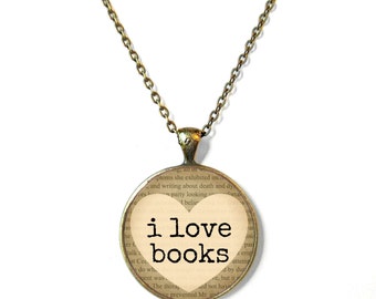 Tan I Love Books Necklace, Book Page Jewelry, Bookworm Necklace, Nerdy Book Jewelry, Geekery Literary Book Page Necklace, Book Lover Jewelry