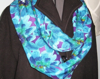 Shades of Blues, Purples, Greens Floral Infinity Scarf with Hidden Pocket