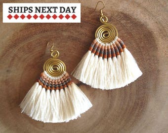 Cream Tassel Earrings, Ivory Earrings, Champagne Drop Earrings, Handmade Earrings, Cream Silk Tassels, Gift for Her, Birthday, Holidays