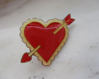 Vintage Gold Tone & Red Enamel Valentine's Day Heart Tac Pin or Lapel Pin