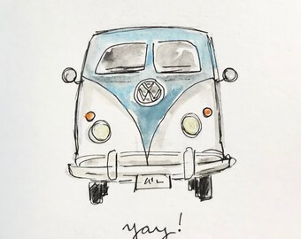 Yay! VW Bus illustration, printed on archival quality paper, Measures 8x10 inches