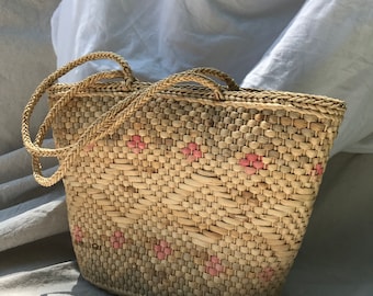 Vintage 70s Straw Shopping Bohemian Tote Summer Bag Southwest Purse Geometric Diamond Market Bag