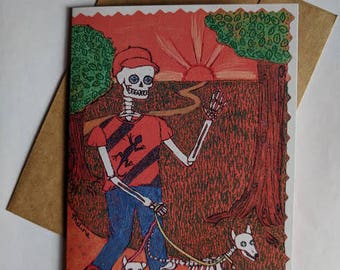 Skeleton Greeting Card Day of the Dead Dogs Walking Outdoors Sunshine Trees Mexican Folk Art