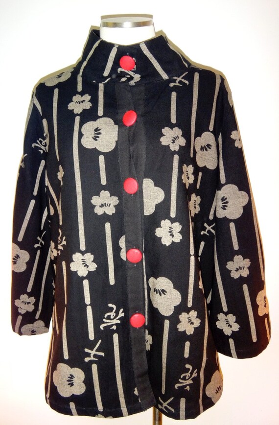 Black Asian Style Jacket with Floral and Red Details FA13-020