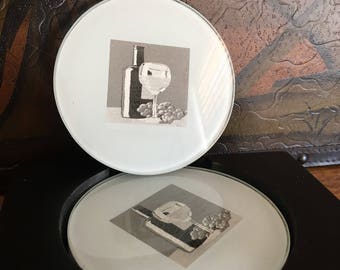 Set of Four Glass Coasters with a Wine Still Life Picture in a Wooden Holder