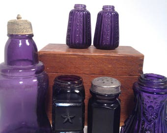 Salt lot, Vintage Purple Glassware, Antique salt, pepper, lot of 6, dug, top, shaker, free shipping