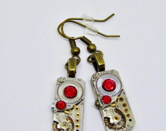 Earrings - Steampunk ear gear - Ruby - Waltham - Steampunk Earrings - Repurposed