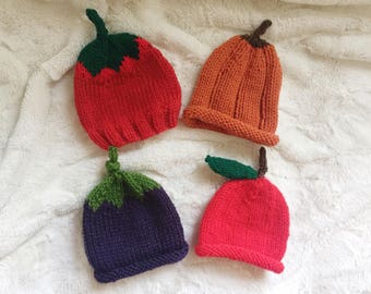 Knit Fruit Baby Hats // Baby Photo Prop // Pumpkin Hat // Apple Hat //Tomato Hat // Eggplant Hat