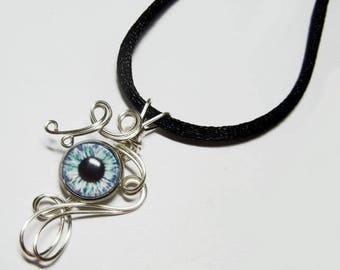 Wire Wrap Blue Zombie Eye Pendant with Necklace
