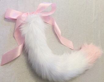 Luxury White & Pink Cat Kitten Play BDSM Tail 25 Inches
