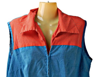 Retro Shift Dress Plus Size Blue and Red with White Polka Dots