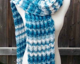 Turquoise and White Wool Scarf - Multicolor Wool Scarf - Chunky Knit Scarf - Long Scarf - Ready to Ship