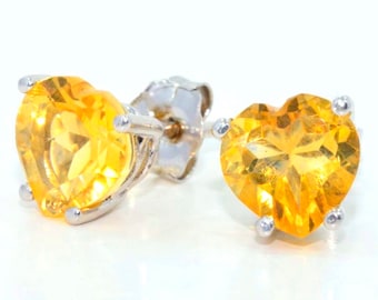 2 Carat Citrine Heart Stud Earrings .925 Sterling Silver Rhodium Finish