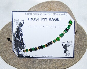 Morse Code TRUST MY RAGE bracelet, Loki jewelry, secret message bracelet, crystal bracelet, Loki bracelet