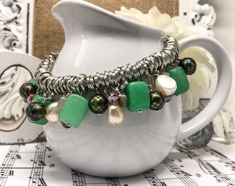 Glamorous Jade Green and Pearl Bejeweled Bracelet