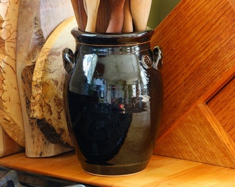 Utensil Crock, Utensil Holder, Ceramic Utensil Crock, Handmade Crock in Tenmoku Glaze