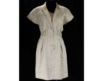 Size 8 Valentino Linen Dress - Tailored Khaki Short Sleeve Office Dress - Made in Italy - 1980s Designer Miss V Label - Bust 40 - 47929