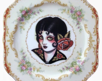 SALE - Damaged - Rose, Vintage Tattoo Flash Portrait Plate 8"