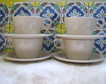 4 Texas Ware Tan Vintage Melmac Cups & Saucers
