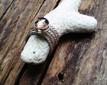 Stacked Ring Set with Rose Cut Smokey Quartz in Sterling Silver