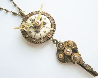 Steampunk Fantasy Watch & Key Necklace, Steampunk Necklace, Steampunk Watch Necklace, Steampunk Key Necklace, Steampunk Watch and Key, PN77
