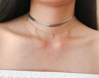 Pendulum Silver Dainty Drop Choker, Dainty Teardrop Satellite Beaded Chain Necklace, Layering Necklace, Boho Jewelry, Delicate Silver Choker