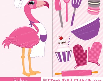 Chef pink flamingo clipart, kitchen cook, cookie baker, cupcake bakery, girl flamingo, cooking baking, bird art digital PNG clip art (CL020)