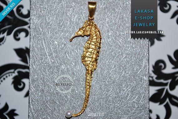 Pearl Sea Horse Ippocampus Sterling Silver Gold Pendant Handmade Greek Jewelry Unisex Men Women Marine Hope Freedom Beautiful Summer Greece