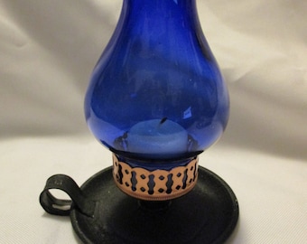 Vintage Small metal and blue glass candle holder lantern