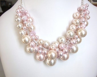 Pearl Cluster Necklace in Shades of Blush Pink and Rose- Chunky, Choker, Bib, Necklace, Wedding, Bridal, Bridesmaid