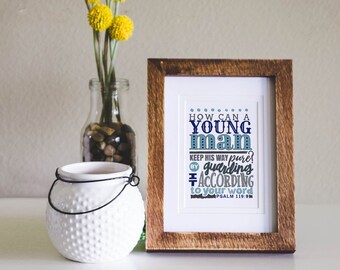 Psalm 119, How can a young man keep his way pure. bible verse print, scripture card, hand lettered, quote, calligraphy art print