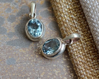 Gemstone Pendant Small Oval Faceted Blue Topaz Pendant Sterling Silver Small Blue Topaz Pendant December Birthstone Birthday Gift, One, BID