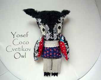 Yosef Coco Cvetikov owl ,soft art textile creature by Wassupbrothers, buho boho friend, stuffed doll , travel companion, home decor