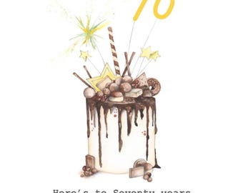 Happy 70th Birthday Cake Embellished Card taken from an Original Watercolour / Notelets / Birthday Cards / Blank Cards