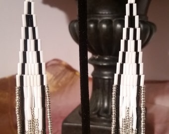 White with Black Bugle Beaded Sweeper Earrings