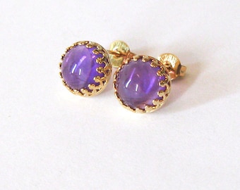 Amethyst Gemstone Earrings Gold Vermeil .925 Sterling Silver Filigree Post Settings, 8mm Cabochons Gemstone Studs February Birthstone
