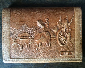 Vintage Chilian cow wagon harvest leather tan wallet billfold purse circa 1970-80's / English Shop