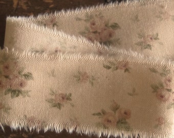 Tattered Tea Stained Fabric Ribbon Warm Tea with Blush Pink Roses Rare Retired Fabric