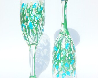 Blue Floral Hand Painted Champagne Glass
